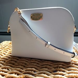 MICHAEL KORS, Cindy Large Leather Dome Crossbody in Optic White
